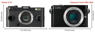 Größenvergleich: Pentax Q-S1 vs. Panasonic Lumix DMC-GM5 Größenvergleich: Pentax Q-S1 vs. Panasonic Lumix DMC-GM5