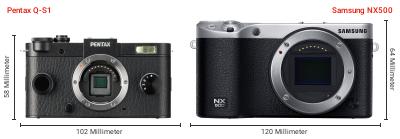 Größenvergleich: Pentax Q-S1 vs. Samsung NX500 Größenvergleich: Pentax Q-S1 vs. Samsung NX500