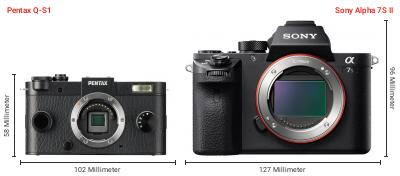 Größenvergleich: Pentax Q-S1 vs. Sony Alpha 7S II Größenvergleich: Pentax Q-S1 vs. Sony Alpha 7S II