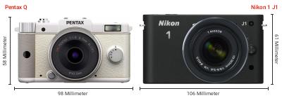 Größenvergleich: Pentax Q vs. Nikon 1 J1 Größenvergleich: Pentax Q vs. Nikon 1 J1