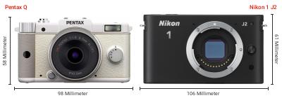 Größenvergleich: Pentax Q vs. Nikon 1 J2 Größenvergleich: Pentax Q vs. Nikon 1 J2