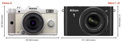 Größenvergleich: Pentax Q vs. Nikon 1 J3 Größenvergleich: Pentax Q vs. Nikon 1 J3