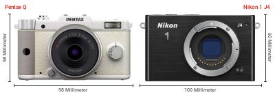 Größenvergleich: Pentax Q vs. Nikon 1 J4 Größenvergleich: Pentax Q vs. Nikon 1 J4