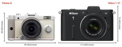 Größenvergleich: Pentax Q vs. Nikon 1 V1 Größenvergleich: Pentax Q vs. Nikon 1 V1