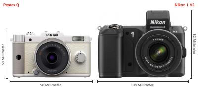 Größenvergleich: Pentax Q vs. Nikon 1 V2 Größenvergleich: Pentax Q vs. Nikon 1 V2