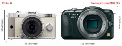 Größenvergleich: Pentax Q vs. Panasonic Lumix DMC-GF5 Größenvergleich: Pentax Q vs. Panasonic Lumix DMC-GF5