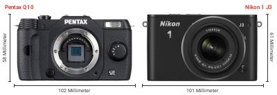 Größenvergleich: Pentax Q10 vs. Nikon 1 J3 Größenvergleich: Pentax Q10 vs. Nikon 1 J3