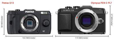 Größenvergleich: Pentax Q10 vs. OM System PEN E-PL7 Größenvergleich: Pentax Q10 vs. OM System PEN E-PL7
