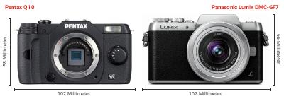Größenvergleich: Pentax Q10 vs. Panasonic Lumix DMC-GF7 Größenvergleich: Pentax Q10 vs. Panasonic Lumix DMC-GF7