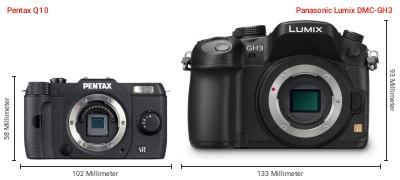 Größenvergleich: Pentax Q10 vs. Panasonic Lumix DMC-GH3 Größenvergleich: Pentax Q10 vs. Panasonic Lumix DMC-GH3