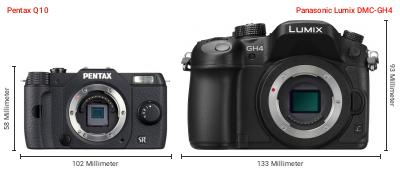 Größenvergleich: Pentax Q10 vs. Panasonic Lumix DMC-GH4 Größenvergleich: Pentax Q10 vs. Panasonic Lumix DMC-GH4