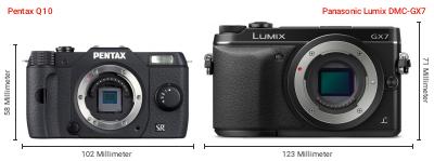 Größenvergleich: Pentax Q10 vs. Panasonic Lumix DMC-GX7 Größenvergleich: Pentax Q10 vs. Panasonic Lumix DMC-GX7