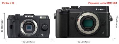 Größenvergleich: Pentax Q10 vs. Panasonic Lumix DMC-GX8 Größenvergleich: Pentax Q10 vs. Panasonic Lumix DMC-GX8