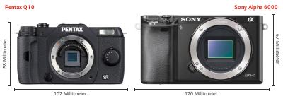 Größenvergleich: Pentax Q10 vs. Sony Alpha 6000 Größenvergleich: Pentax Q10 vs. Sony Alpha 6000