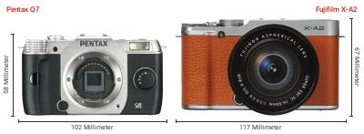 Größenvergleich: Pentax Q7 vs. Fujifilm X-A2 Größenvergleich: Pentax Q7 vs. Fujifilm X-A2