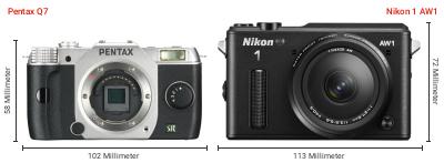 Größenvergleich: Pentax Q7 vs. Nikon 1 AW1 Größenvergleich: Pentax Q7 vs. Nikon 1 AW1