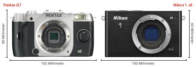 Größenvergleich: Pentax Q7 vs. Nikon 1 J4 Größenvergleich: Pentax Q7 vs. Nikon 1 J4