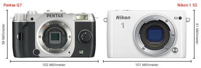 Größenvergleich: Pentax Q7 vs. Nikon 1 S2 Größenvergleich: Pentax Q7 vs. Nikon 1 S2