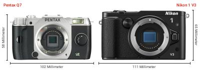 Größenvergleich: Pentax Q7 vs. Nikon 1 V3 Größenvergleich: Pentax Q7 vs. Nikon 1 V3