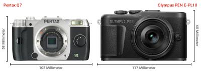 Größenvergleich: Pentax Q7 vs. OM System PEN E-PL10 Größenvergleich: Pentax Q7 vs. OM System PEN E-PL10