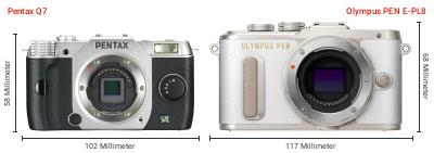 Größenvergleich: Pentax Q7 vs. OM System PEN E-PL8