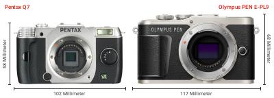 Größenvergleich: Pentax Q7 vs. OM System PEN E-PL9