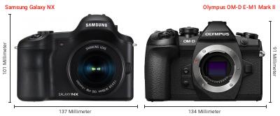 Größenvergleich: Samsung Galaxy NX vs. OM System OM-D E-M1 Mark II Größenvergleich: Samsung Galaxy NX vs. OM System OM-D E-M1 Mark II