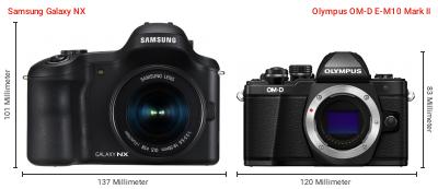 Größenvergleich: Samsung Galaxy NX vs. OM System OM-D E-M10 Mark II Größenvergleich: Samsung Galaxy NX vs. OM System OM-D E-M10 Mark II