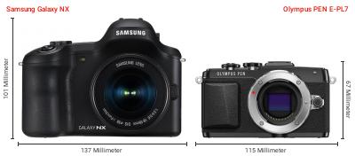 Größenvergleich: Samsung Galaxy NX vs. OM System PEN E-PL7 Größenvergleich: Samsung Galaxy NX vs. OM System PEN E-PL7