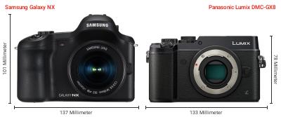 Größenvergleich: Samsung Galaxy NX vs. Panasonic Lumix DMC-GX8 Größenvergleich: Samsung Galaxy NX vs. Panasonic Lumix DMC-GX8