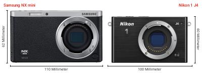 Größenvergleich: Samsung NX mini vs. Nikon 1 J4 Größenvergleich: Samsung NX mini vs. Nikon 1 J4