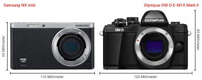 Größenvergleich: Samsung NX mini vs. OM System OM-D E-M10 Mark II