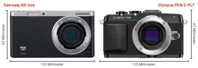 Größenvergleich: Samsung NX mini vs. OM System PEN E-PL7 Größenvergleich: Samsung NX mini vs. OM System PEN E-PL7