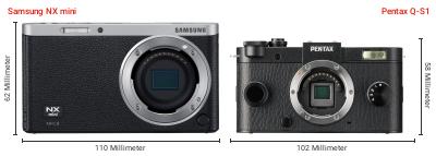 Größenvergleich: Samsung NX mini vs. Pentax Q-S1 Größenvergleich: Samsung NX mini vs. Pentax Q-S1