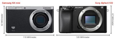 Größenvergleich: Samsung NX mini vs. Sony Alpha 6100 Größenvergleich: Samsung NX mini vs. Sony Alpha 6100