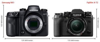 Größenvergleich: Samsung NX1 vs. Fujifilm X-T2 Größenvergleich: Samsung NX1 vs. Fujifilm X-T2
