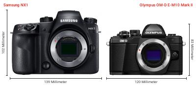 Größenvergleich: Samsung NX1 vs. OM System OM-D E-M10 Mark II Größenvergleich: Samsung NX1 vs. OM System OM-D E-M10 Mark II