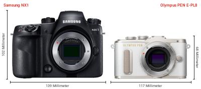 Größenvergleich: Samsung NX1 vs. OM System PEN E-PL8 Größenvergleich: Samsung NX1 vs. OM System PEN E-PL8