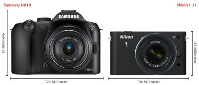 Größenvergleich: Samsung NX10 vs. Nikon 1 J1 Größenvergleich: Samsung NX10 vs. Nikon 1 J1