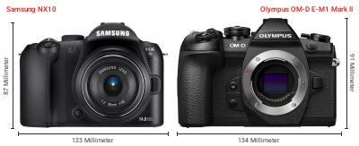 Größenvergleich: Samsung NX10 vs. OM System OM-D E-M1 Mark II Größenvergleich: Samsung NX10 vs. OM System OM-D E-M1 Mark II