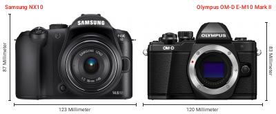 Größenvergleich: Samsung NX10 vs. OM System OM-D E-M10 Mark II Größenvergleich: Samsung NX10 vs. OM System OM-D E-M10 Mark II