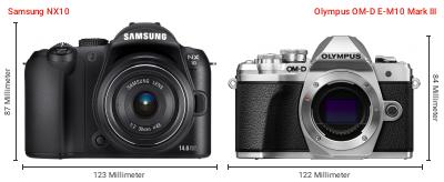 Größenvergleich: Samsung NX10 vs. OM System OM-D E-M10 Mark III Größenvergleich: Samsung NX10 vs. OM System OM-D E-M10 Mark III
