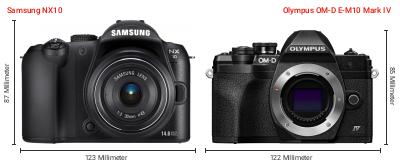 Größenvergleich: Samsung NX10 vs. OM System OM-D E-M10 Mark IV