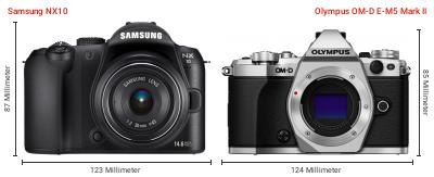 Größenvergleich: Samsung NX10 vs. OM System OM-D E-M5 Mark II Größenvergleich: Samsung NX10 vs. OM System OM-D E-M5 Mark II