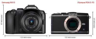 Größenvergleich: Samsung NX10 vs. OM System PEN E-P3 Größenvergleich: Samsung NX10 vs. OM System PEN E-P3