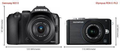 Größenvergleich: Samsung NX10 vs. OM System PEN E-PL3 Größenvergleich: Samsung NX10 vs. OM System PEN E-PL3