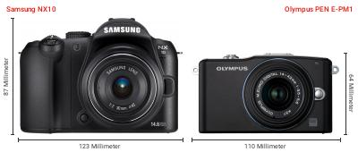 Größenvergleich: Samsung NX10 vs. OM System PEN E-PM1 Größenvergleich: Samsung NX10 vs. OM System PEN E-PM1
