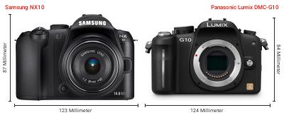 Größenvergleich: Samsung NX10 vs. Panasonic Lumix DMC-G10 Größenvergleich: Samsung NX10 vs. Panasonic Lumix DMC-G10