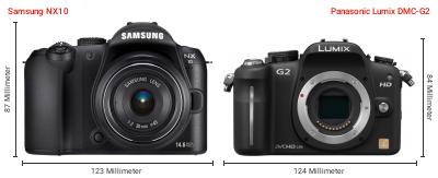 Größenvergleich: Samsung NX10 vs. Panasonic Lumix DMC-G2 Größenvergleich: Samsung NX10 vs. Panasonic Lumix DMC-G2
