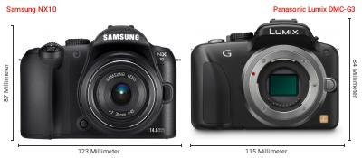 Größenvergleich: Samsung NX10 vs. Panasonic Lumix DMC-G3 Größenvergleich: Samsung NX10 vs. Panasonic Lumix DMC-G3